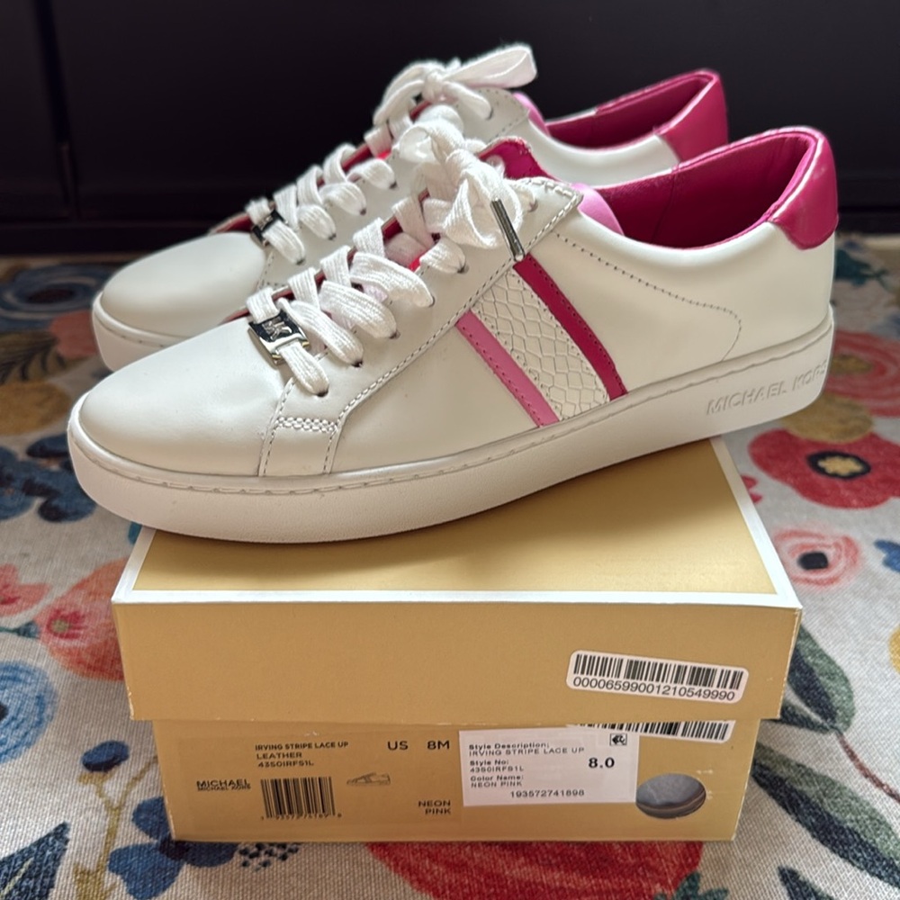 Michael Kors Irving Stripe sneaker shoe white pink silver lace-up school casual - Picture 7 of 7